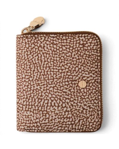 Borbonese Medium Zip Around Wallet Women OP Beige Brown Recycled Fabric and Calf Leather with Zip Closure