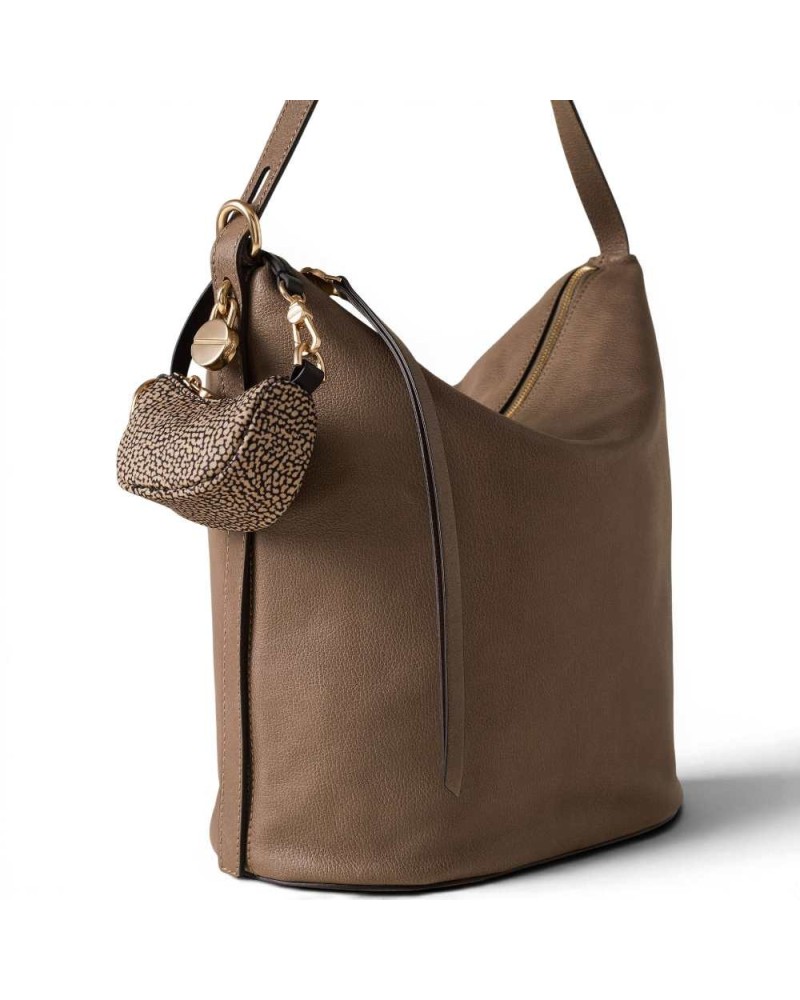 Borbonese Luna Bag Keyring Women OP Naturale / Nero in Recycled Fabric and Calf Leather OP Print Mini Bag with Snap Hook