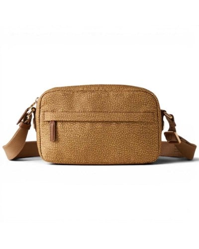 Borbonese Small Camera Case Bag Women Curry in Recycled Fabric and Calf Leather OP Print with Adjustable Strap