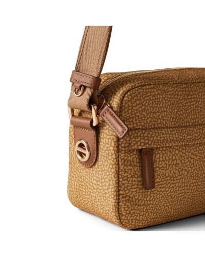 Borbonese Small Camera Case Bag Women Curry in Recycled Fabric and Calf Leather OP Print with Adjustable Strap