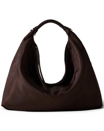 Borbonese Hobo M. Shoulder Bag Women Cioccolato in Recycled Fabric and Calf Leather OP Print with Strap