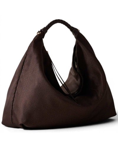 Borbonese Hobo M. Shoulder Bag Women Cioccolato in Recycled Fabric and Calf Leather OP Print with Strap