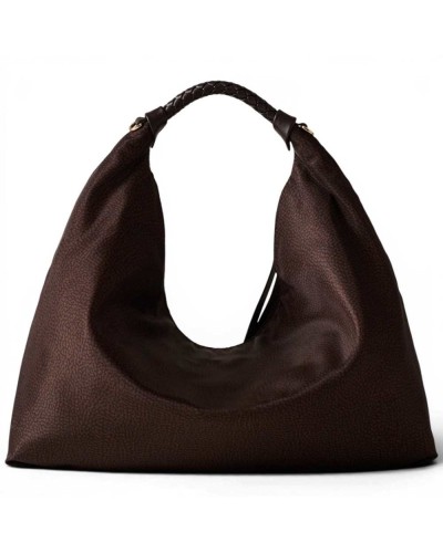 Borbonese Hobo M. Shoulder Bag Women Cioccolato in Recycled Fabric and Calf Leather OP Print with Strap