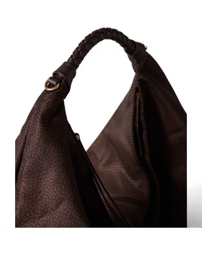 Borbonese Hobo M. Shoulder Bag Women Cioccolato in Recycled Fabric and Calf Leather OP Print with Strap