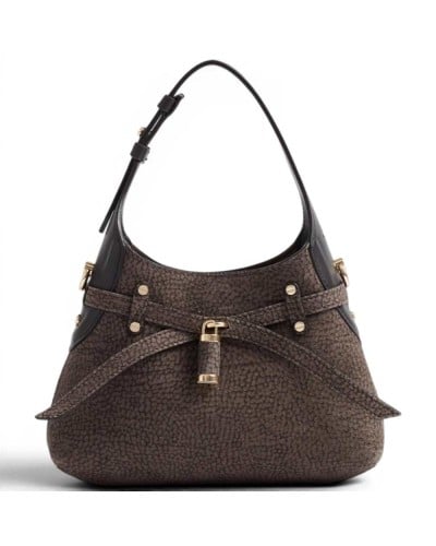 Borbonese Mini Hobo Shoulder Bag Women Castoro / Ebano in Buffed Lambskin and Calf Leather OP Print with Strap