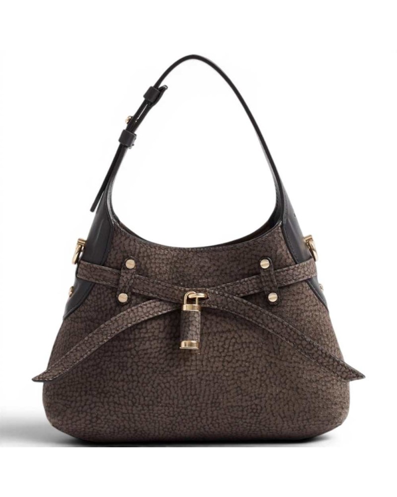 Borbonese Mini Hobo Shoulder Bag Women Castoro / Ebano in Buffed Lambskin and Calf Leather OP Print with Strap