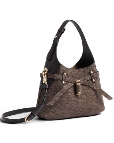 Borbonese Mini Hobo Shoulder Bag Women Castoro / Ebano in Buffed Lambskin and Calf Leather OP Print with Strap