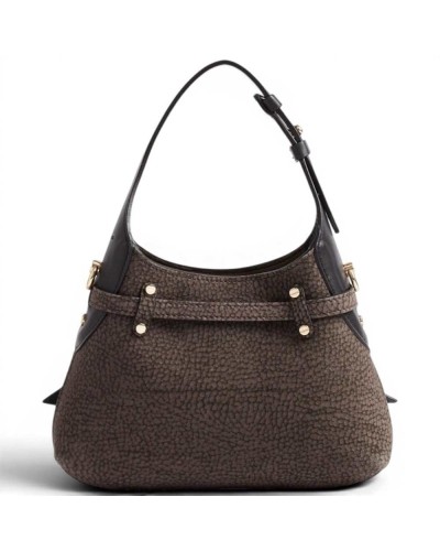 Borbonese Mini Hobo Shoulder Bag Women Castoro / Ebano in Buffed Lambskin and Calf Leather OP Print with Strap