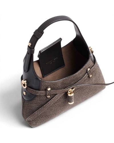 Borbonese Mini Hobo Shoulder Bag Women Castoro / Ebano in Buffed Lambskin and Calf Leather OP Print with Strap