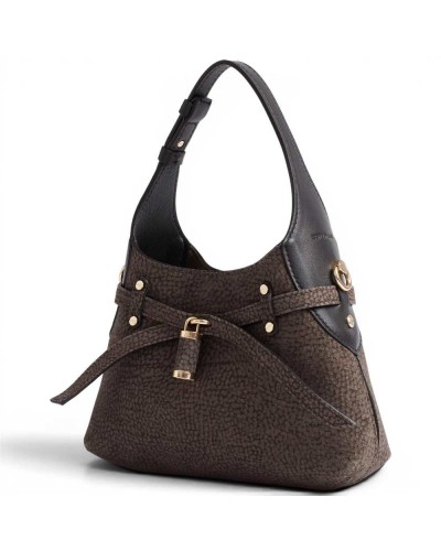 Borbonese Mini Hobo Shoulder Bag Women Castoro / Ebano in Buffed Lambskin and Calf Leather OP Print with Strap