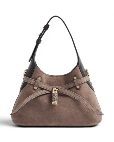 Borbonese Mini Hobo Shoulder Bag Women Cenere / Ebano in Suede with Strap