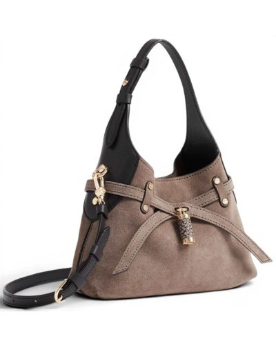 Borbonese Mini Hobo Shoulder Bag Women Cenere / Ebano in Suede with Strap