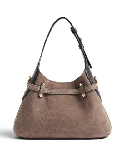 Borbonese Mini Hobo Shoulder Bag Women Cenere / Ebano in Suede with Strap