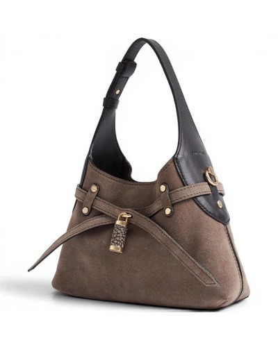 Borbonese Mini Hobo Shoulder Bag Women Cenere / Ebano in Suede with Strap