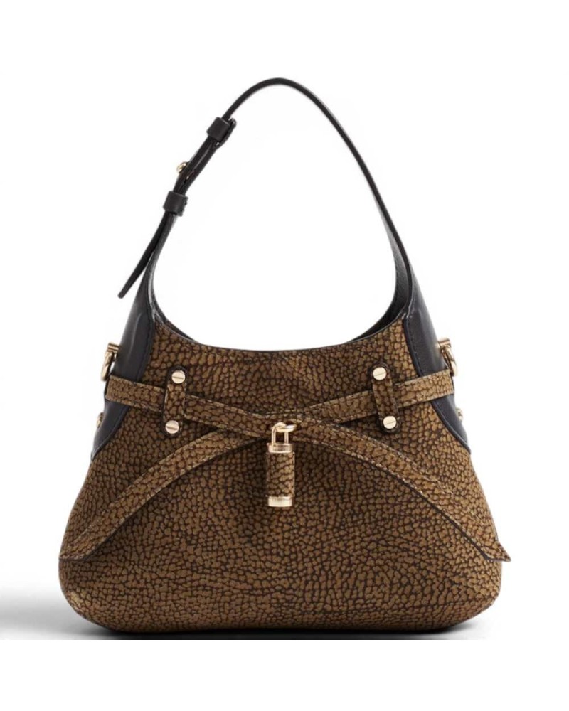 Borbonese Mini Hobo Shoulder Bag Women Cumino / Ebano in Buffed Lambskin and Calf Leather OP Print with Strap