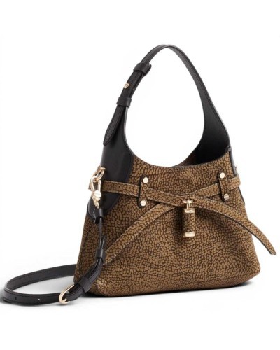 Borbonese Mini Hobo Shoulder Bag Women Cumino / Ebano in Buffed Lambskin and Calf Leather OP Print with Strap