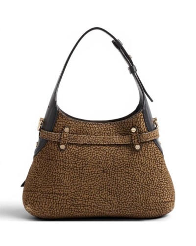 Borbonese Mini Hobo Shoulder Bag Women Cumino / Ebano in Buffed Lambskin and Calf Leather OP Print with Strap