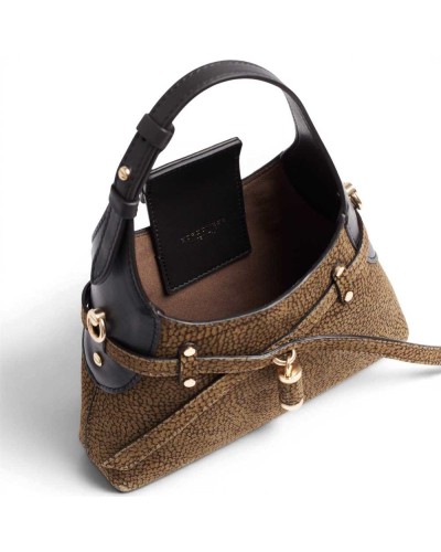Borbonese Mini Hobo Shoulder Bag Women Cumino / Ebano in Buffed Lambskin and Calf Leather OP Print with Strap