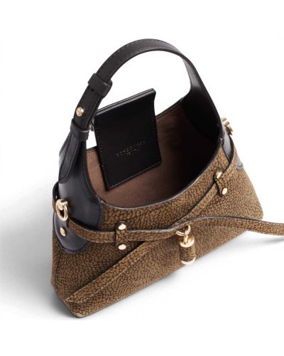 Borbonese Mini Hobo Shoulder Bag Women Cumino / Ebano in Buffed Lambskin and Calf Leather OP Print with Strap