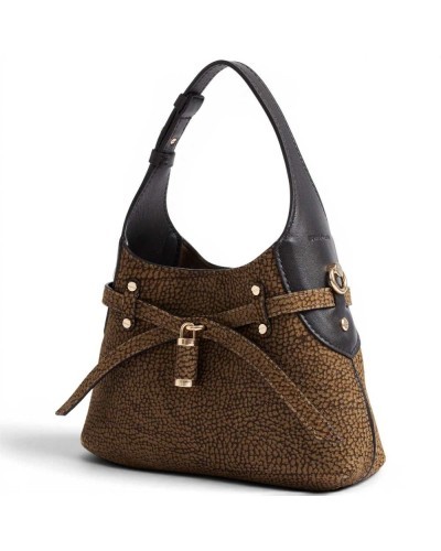 Borbonese Mini Hobo Shoulder Bag Women Cumino / Ebano in Buffed Lambskin and Calf Leather OP Print with Strap