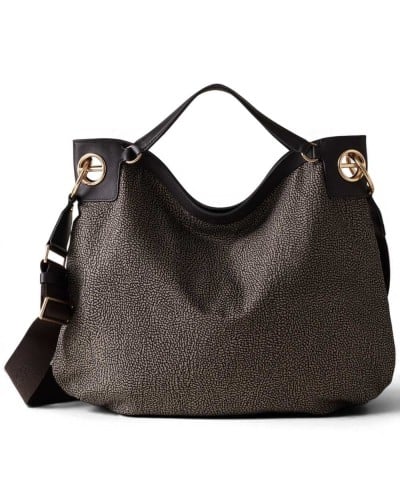 Borbonese London L. Tote Bag Women Catrame in Recycled Fabric and Calf Leather OP Print with Removable Strap