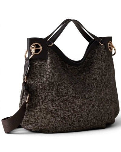 Borbonese London L. Tote Bag Women Catrame in Recycled Fabric and Calf Leather OP Print with Removable Strap