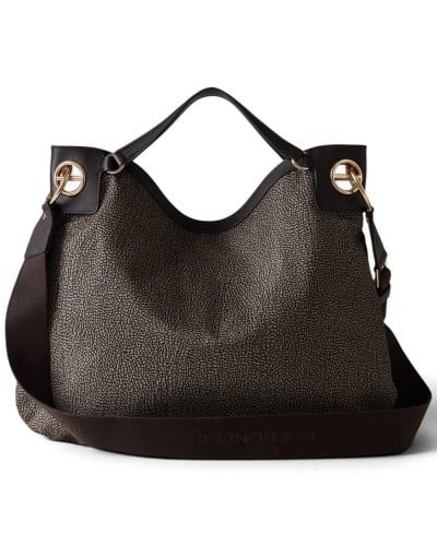 Borbonese London L. Tote Bag Women Catrame in Recycled Fabric and Calf Leather OP Print with Removable Strap