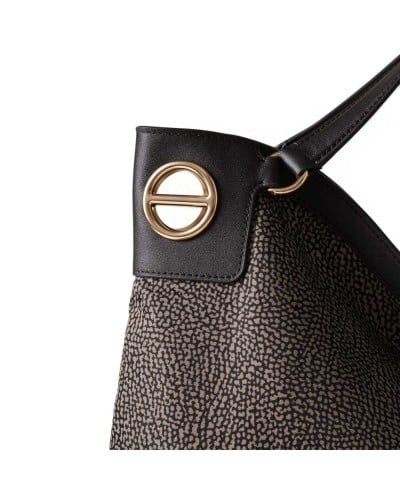 Borbonese London L. Tote Bag Women Catrame in Recycled Fabric and Calf Leather OP Print with Removable Strap