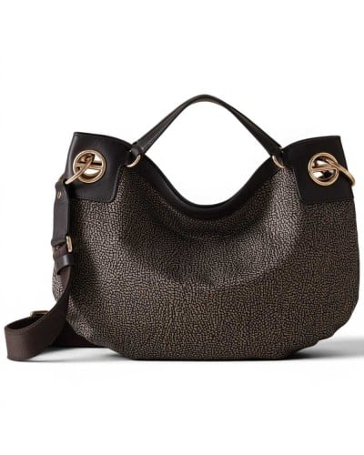 Borbonese London M. Tote Bag Women Catrame in Recycled Fabric and Calf Leather OP Print with Removable Strap