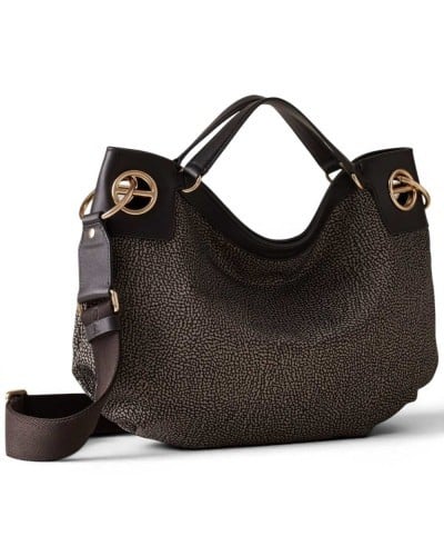 Borbonese London M. Tote Bag Women Catrame in Recycled Fabric and Calf Leather OP Print with Removable Strap
