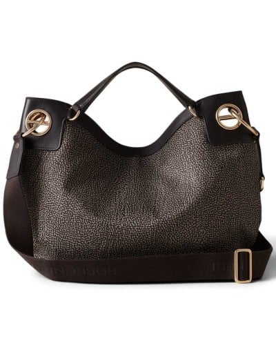 Borbonese London M. Tote Bag Women Catrame in Recycled Fabric and Calf Leather OP Print with Removable Strap