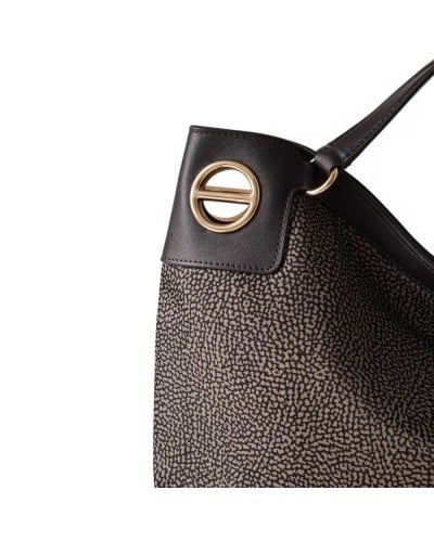 Borbonese London M. Tote Bag Women Catrame in Recycled Fabric and Calf Leather OP Print with Removable Strap