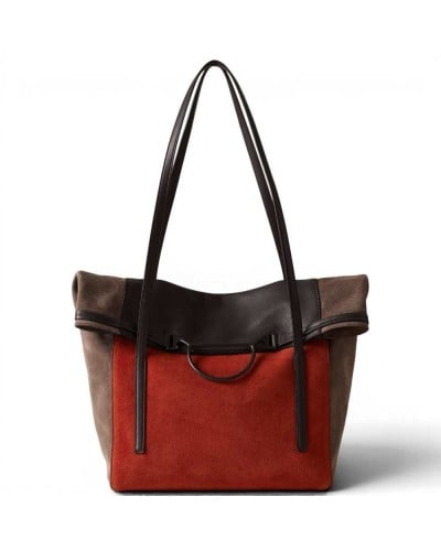 Borbonese Large Shopping Bag Women Corniola / Cenere / Cacao in Suede and Calf Leather with Handles