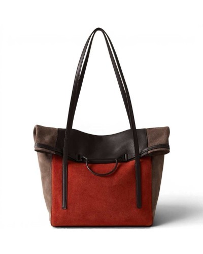 Borbonese Large Shopping Bag Women Corniola / Cenere / Cacao in Suede and Calf Leather with Handles