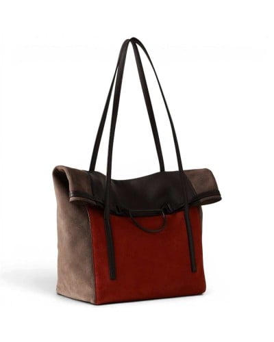 Borbonese Large Shopping Bag Women Corniola / Cenere / Cacao in Suede and Calf Leather with Handles