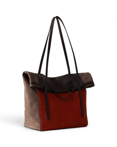 Borbonese Large Shopping Bag Women Corniola / Cenere / Cacao in Suede and Calf Leather with Handles