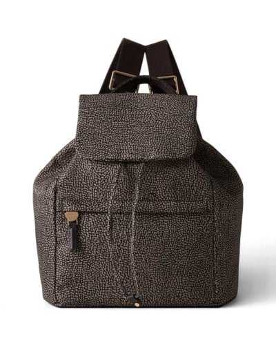 Borbonese Medium Flap Backpack Women Catrame in Recycled Fabric and Calf Leather OP Print with Adjustable Straps