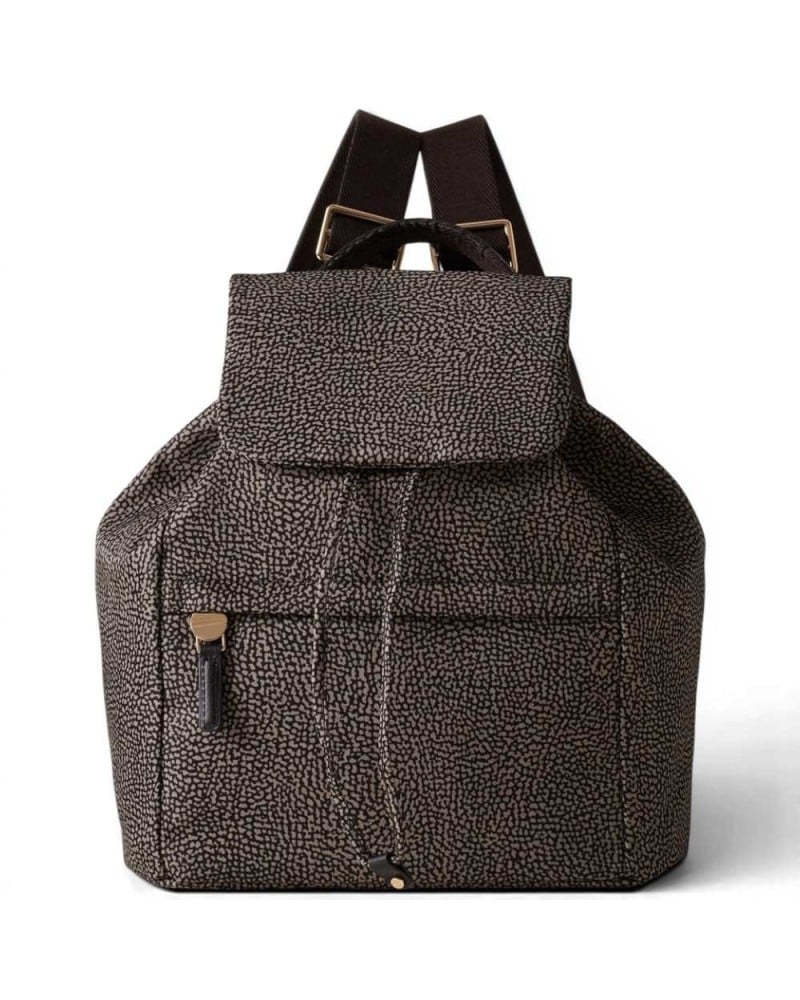 Borbonese Medium Flap Backpack Women Catrame in Recycled Fabric and Calf Leather OP Print with Adjustable Straps