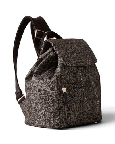 Borbonese Medium Flap Backpack Women Catrame in Recycled Fabric and Calf Leather OP Print with Adjustable Straps
