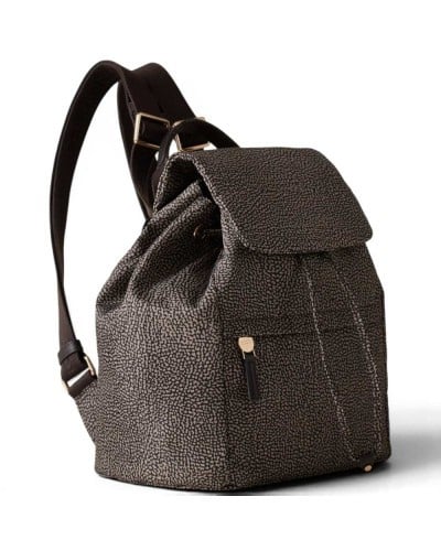 Borbonese Medium Flap Backpack Women Catrame in Recycled Fabric and Calf Leather OP Print with Adjustable Straps