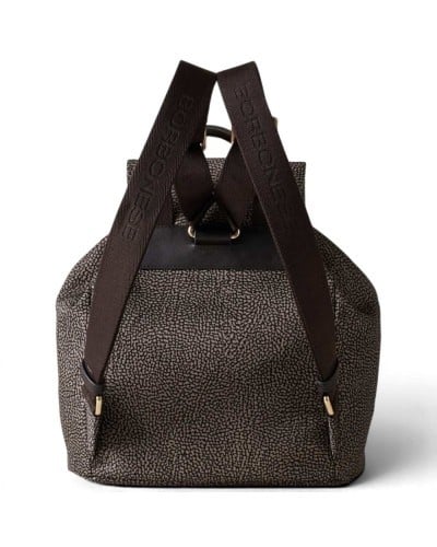 Borbonese Medium Flap Backpack Women Catrame in Recycled Fabric and Calf Leather OP Print with Adjustable Straps