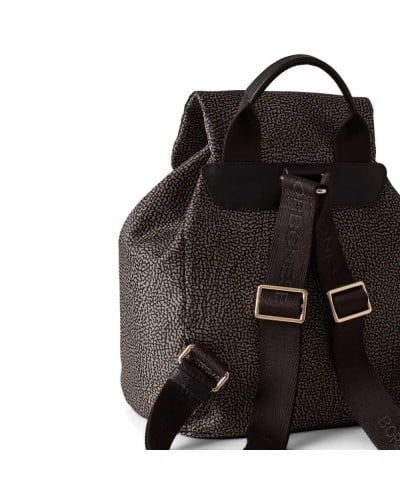 Borbonese Medium Flap Backpack Women Catrame in Recycled Fabric and Calf Leather OP Print with Adjustable Straps