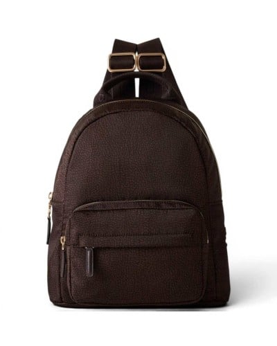 Borbonese Medium Backpack Women Cioccolato in Recycled Fabric and Calf Leather OP Print with Adjustable Straps