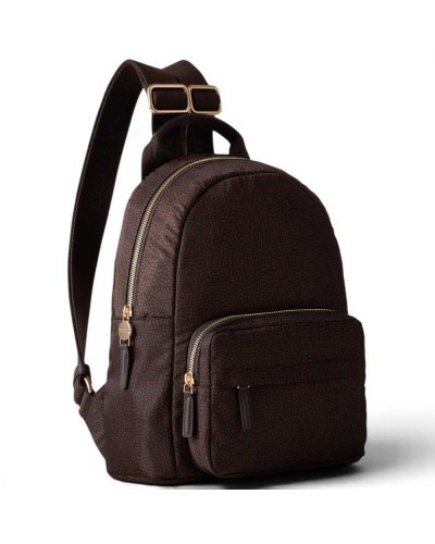Borbonese Medium Backpack Women Cioccolato in Recycled Fabric and Calf Leather OP Print with Adjustable Straps