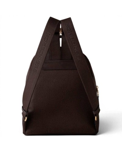 Borbonese Medium Backpack Women Cioccolato in Recycled Fabric and Calf Leather OP Print with Adjustable Straps
