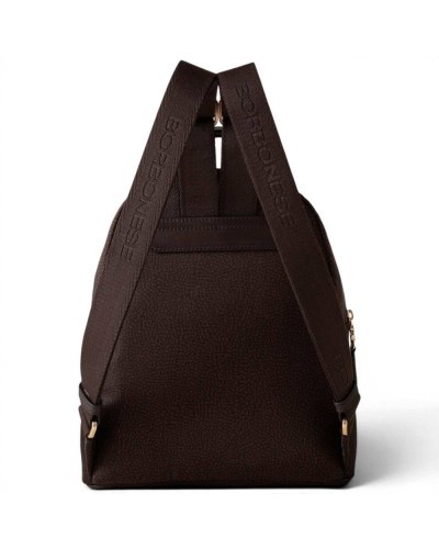 Borbonese Medium Backpack Women Cioccolato in Recycled Fabric and Calf Leather OP Print with Adjustable Straps