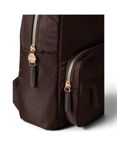 Borbonese Medium Backpack Women Cioccolato in Recycled Fabric and Calf Leather OP Print with Adjustable Straps