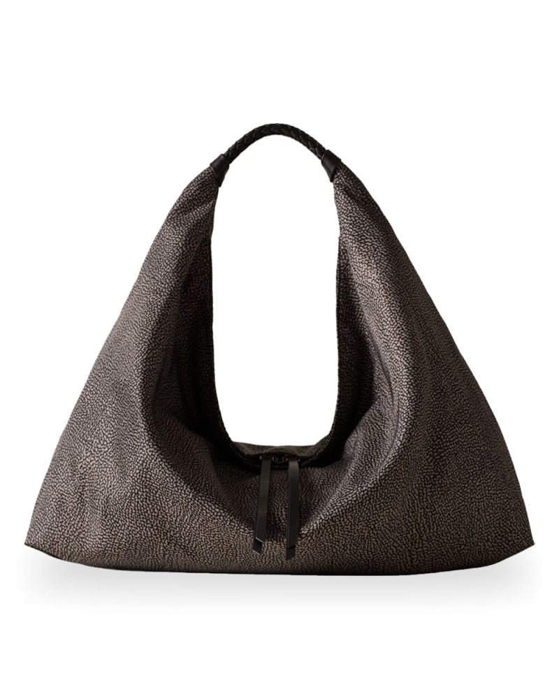 Borbonese Bolso Hobo M. Mujer Catrame en Tejido Reciclado y Piel Estampado OP con Bandolera
