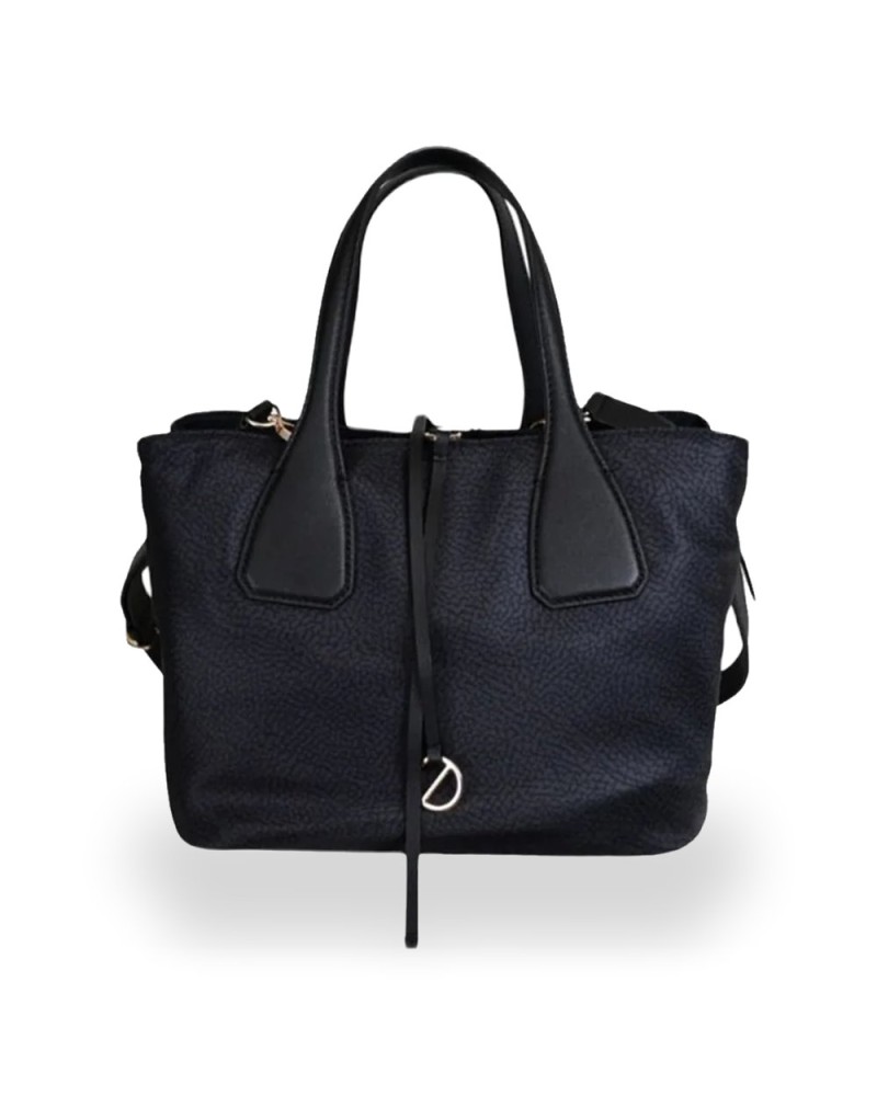 Borbonese Bolso Bauletto M. Mujer Dark Black en Tejido Reciclado y Piel Estampado OP con Bandolera Extraíble