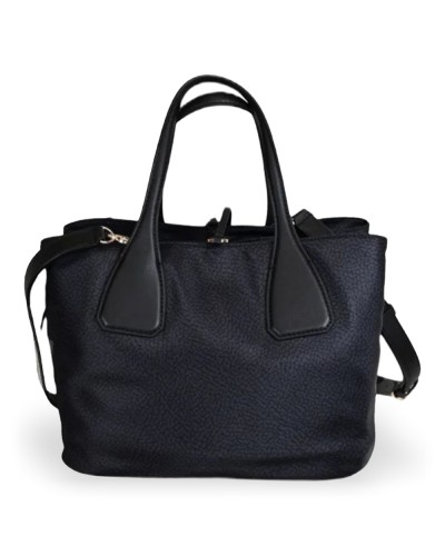 Borbonese Bolso Bauletto M. Mujer Dark Black en Tejido Reciclado y Piel Estampado OP con Bandolera Extraíble